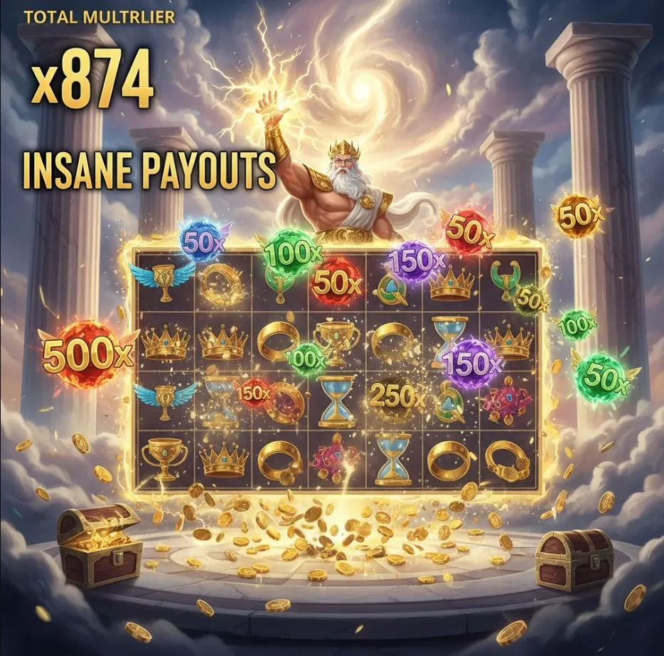 An image of Zeus from Gates of Olympus with massive multiplier symbols (x100, x500) cascading around him, representing the potential for huge wins in the game.