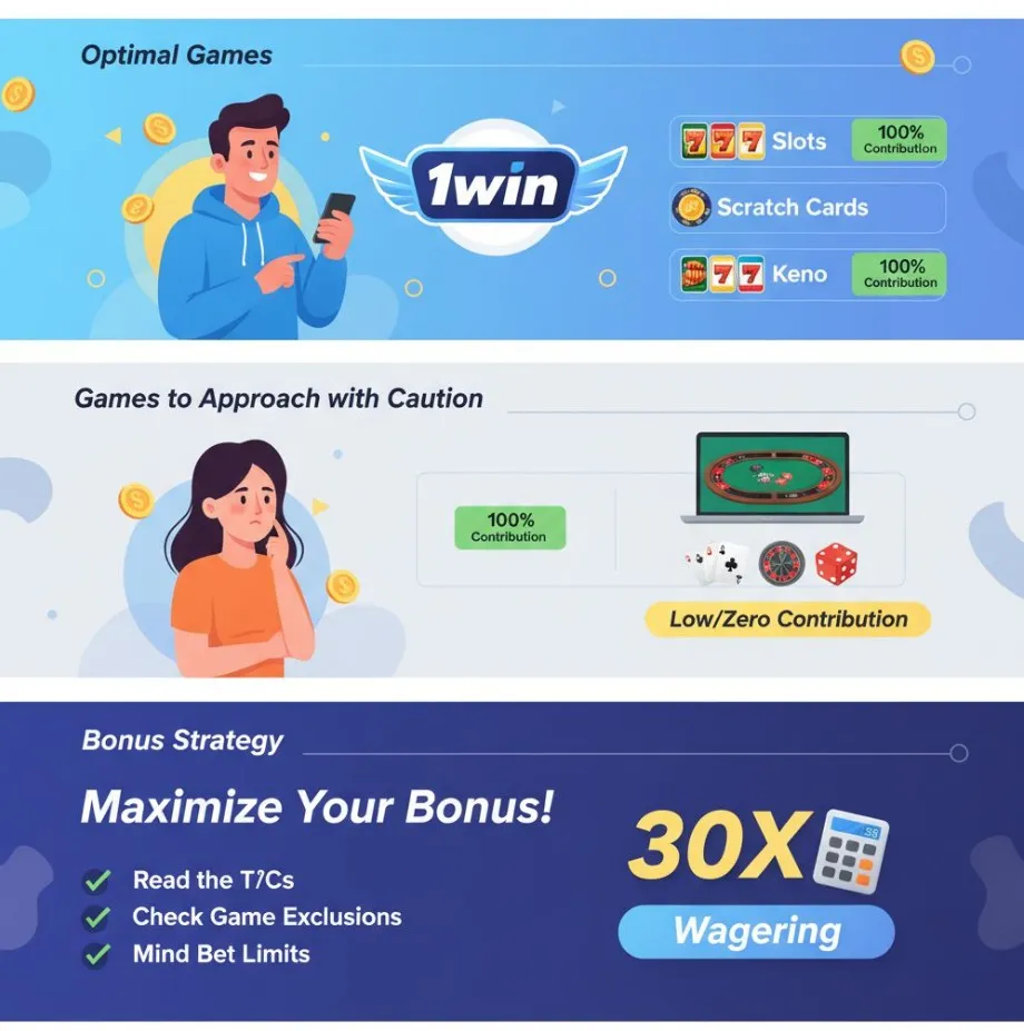 An infographic comparing wagering contribution rates, pace of play, and efficiency for bonus rollover across slots, table games, and live dealer games within the context of a 1win casino bonus, guiding players on optimal game selection.