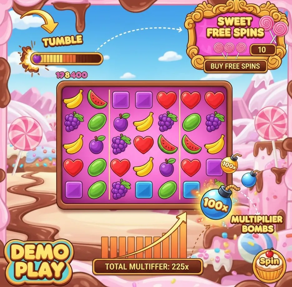 An illustrative breakdown of Sweet Bonanza's key features (Tumble, Free Spins, Multiplier Bombs) on a single screen during demo play, with labels pointing to each element for understanding.