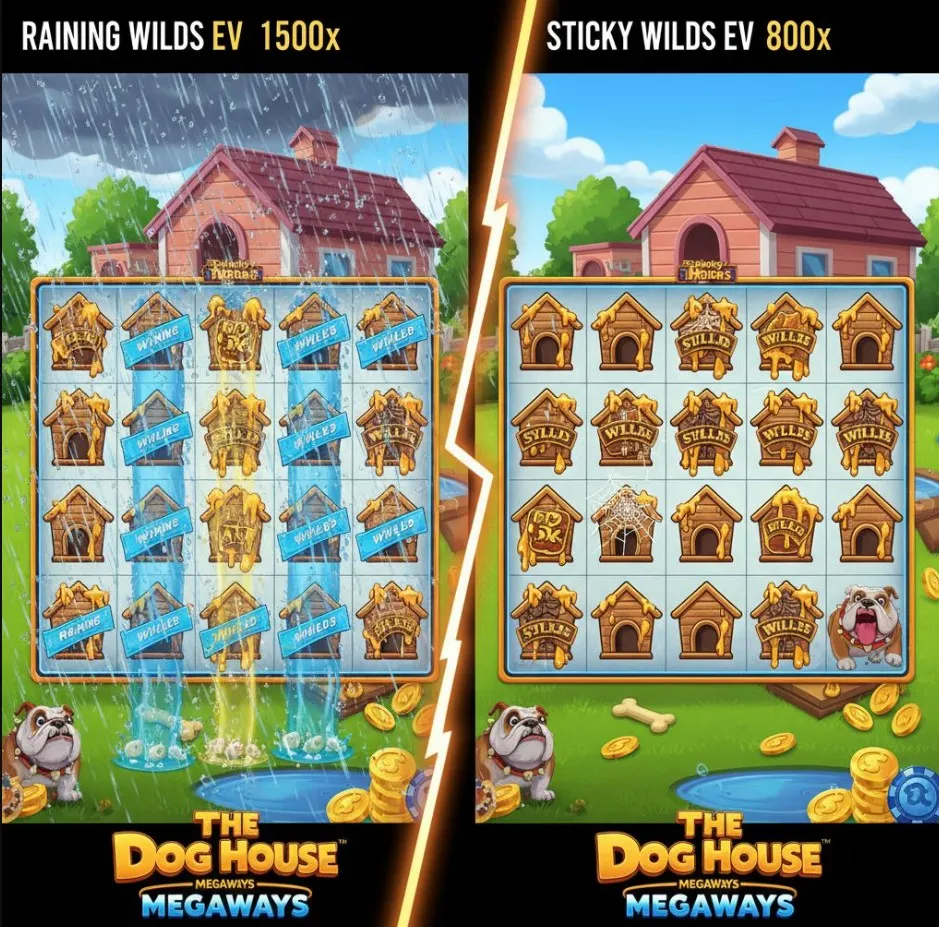 A split visual or infographic comparing the Expected Value profiles of "Raining Wilds Free Spins" and "Sticky Wilds Free Spins" in The Dog House Megaways, showing different volatility curves or return distributions for each.