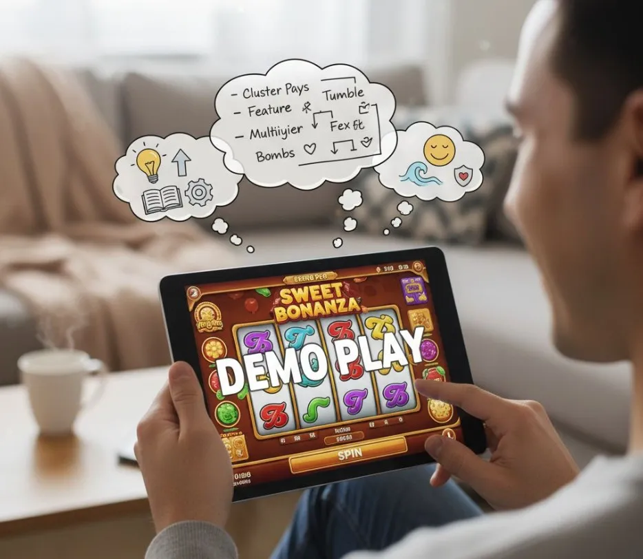 A player engaging with the Sweet Bonanza demo on a tablet, with thought bubbles showing strategy notes, learning icons, and a relaxed expression, symbolizing risk-free exploration.